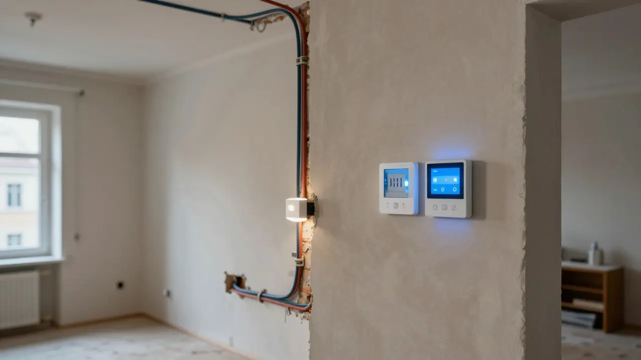 In einer renovierten Wohnung verlaufen neue Smart-Home-Kabel hinter der Wand, während Licht und Jalousien automatisch aktiviert werden.