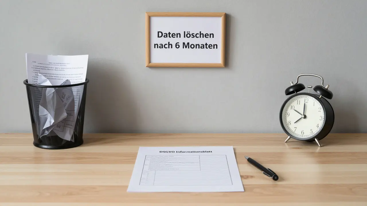 Leerer Schreibtisch mit DSGVO-Informationsschreiben und Hinweis auf 6-monatige Datenspeicherung.
