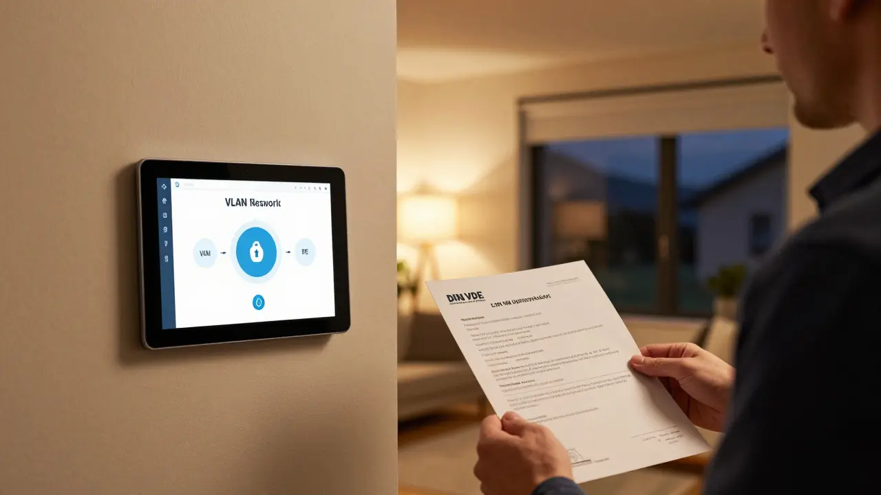 Modernes Zuhause mit intelligentem Licht und Smart-Home-Display, während ein Techniker die Prüfbescheinigung übergibt.