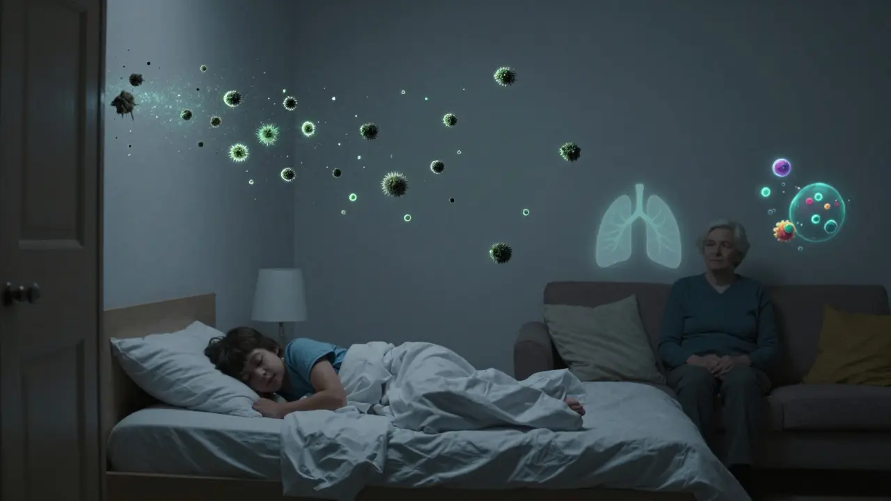 Moldsporen verbreiten sich in der Luft, während ein Kind und ein älterer Mensch in der Wohnung schlafen und sitzen.