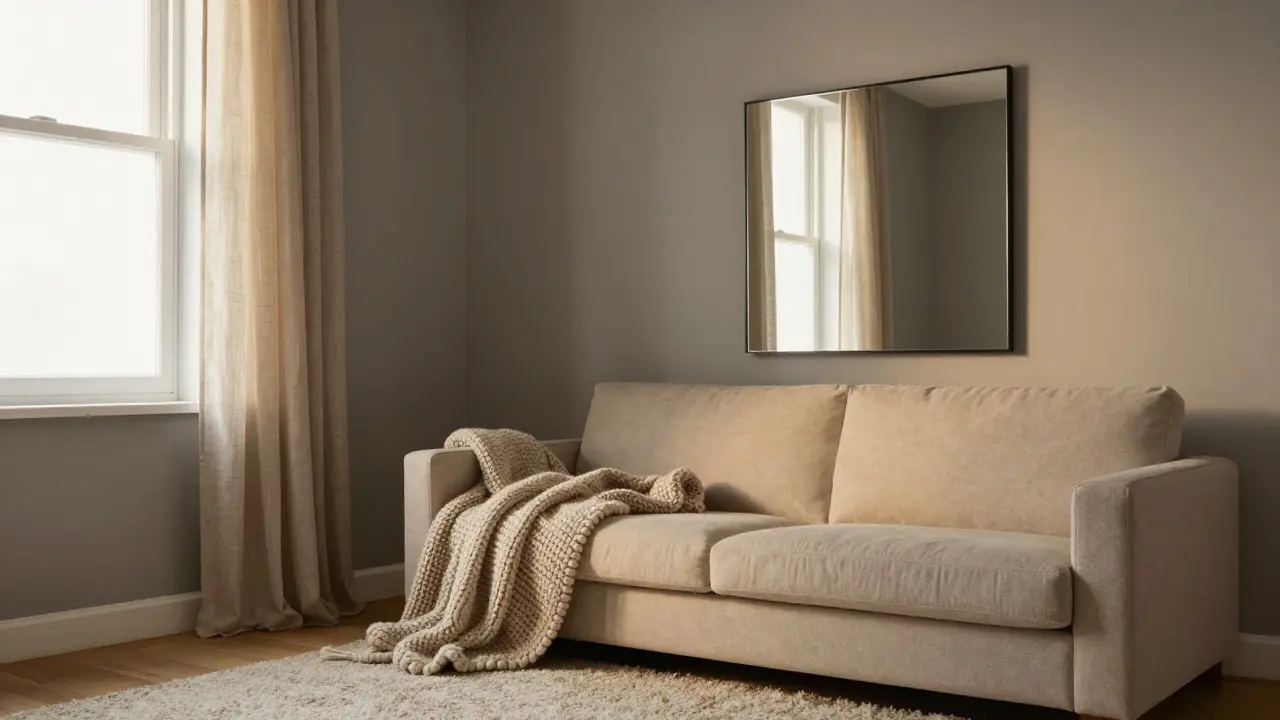 Nordseitiges Wohnzimmer mit warmem Grau, Spiegel und texturierten Textilien für mehr Raumgefühl
