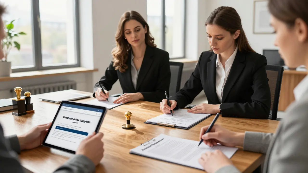 Notar beglaubigt den Erbauseinandersetzungsvertrag in modernem Büro.