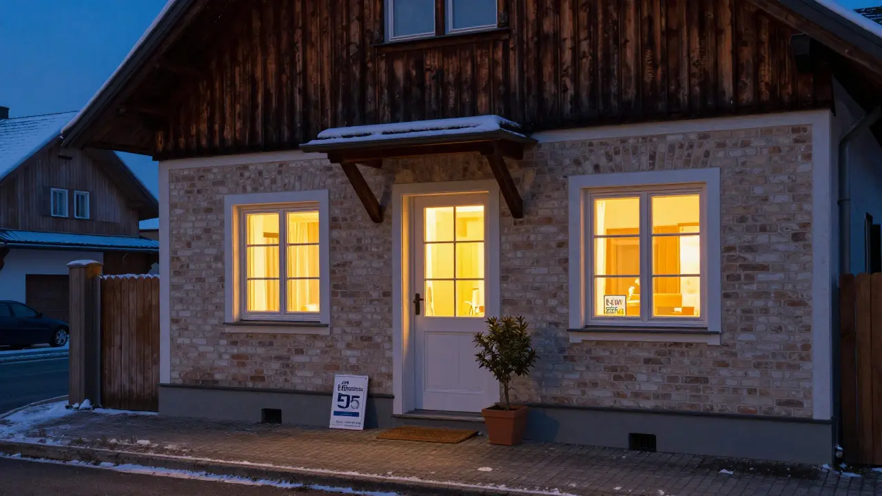 Sanierter Wohnhausbau mit Energieeffizienz-Schild und warmem Licht aus den Fenstern bei Dämmerung.