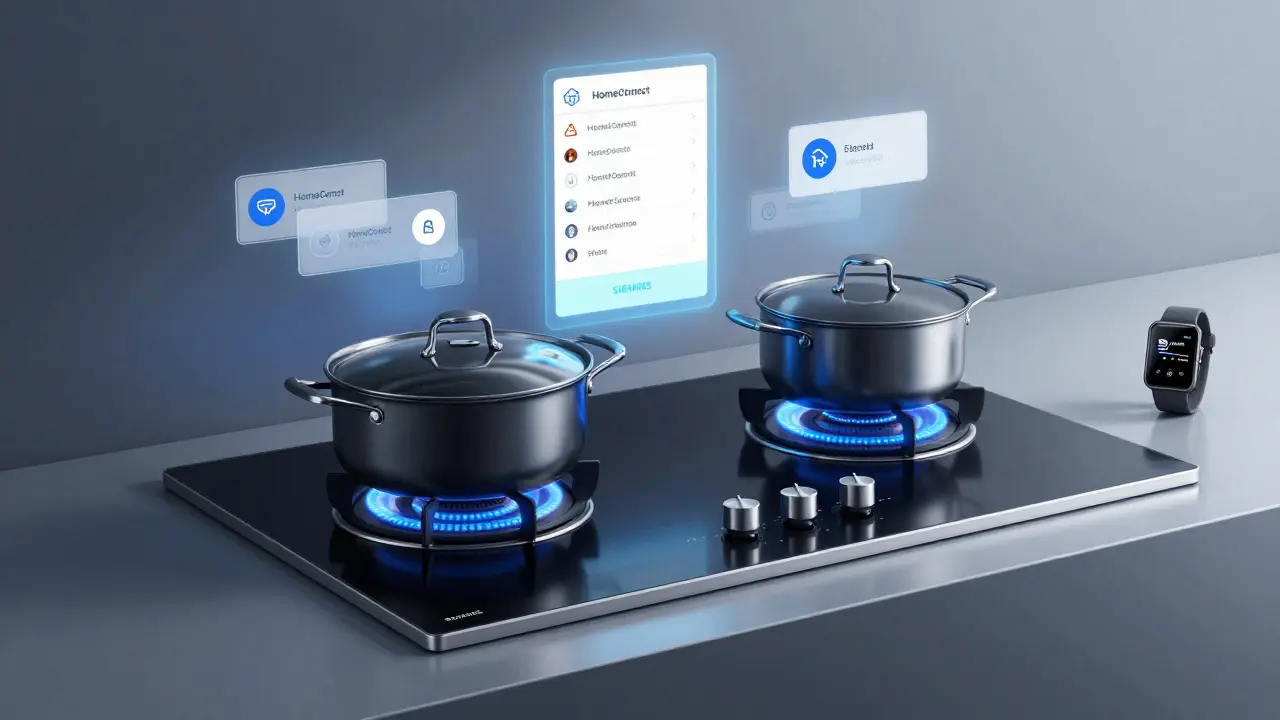 Siemens Kochfeld mit intelligenten Wärmepunkten und smarten App-Verbindungen in modernem Küchenkontext.