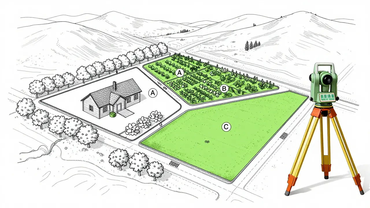 Vermesser markiert präzise Grenzen eines geteilten Grundstücks in drei Teile.
