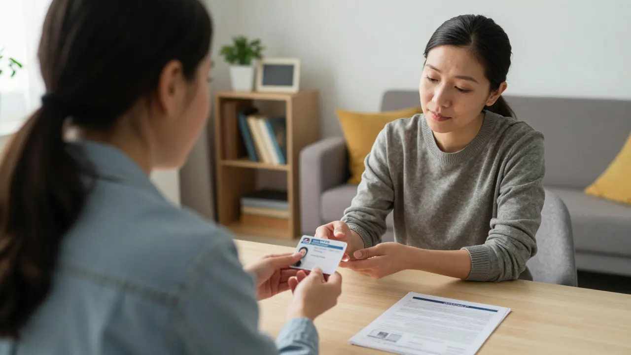 Vermieter prüft Ausweis eines Interessenten während der Wohnungsbesichtigung, ohne Fotos oder Scans.