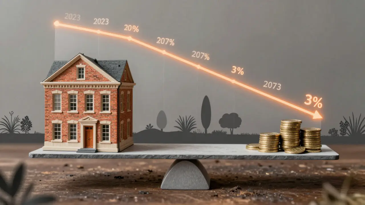 Waage mit Gebäude und Münzen, Depreciation-Timeline als Überlagerung