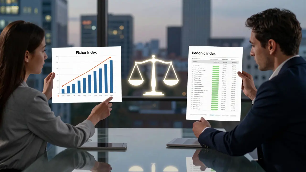 Zwei Investoren: einer mit falschem Durchschnitt, der andere mit genauen hedonischen Daten — zwischen ihnen schwebt der Fisher-Index als Symbol für genaue Marktbewertung.