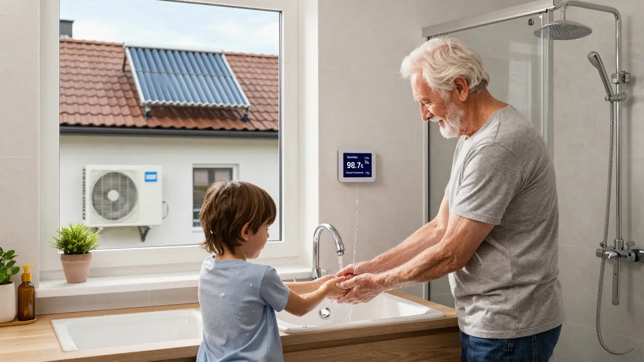 Zwei Personen nutzen gleichzeitig warmes Wasser in Küche und Bad, hygienisch und energieeffizient.