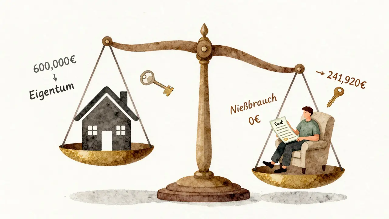 A balanced scale showing ownership versus life interest rights on a property.