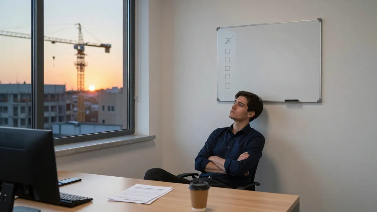 An isolated employee in an empty office, looking weary beside a forgotten change request, symbolizing disengagement.