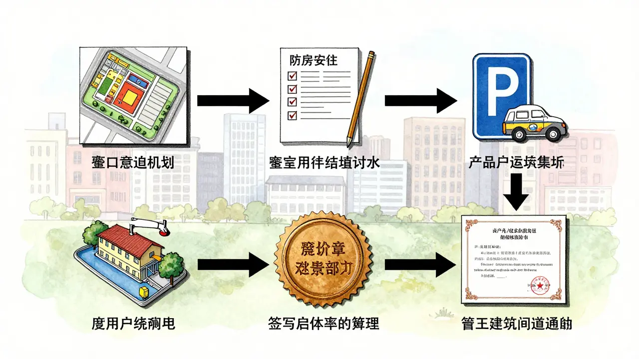 Architektonische Darstellung des Genehmigungsprozesses für Nutzungsänderungen mit Symbolen und Pfeilen.