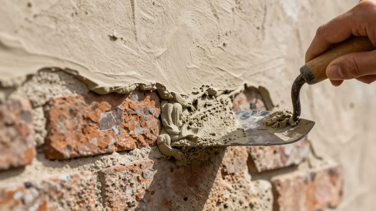 Auftrag von traditionellem Kalkmortel auf alter Mauer.