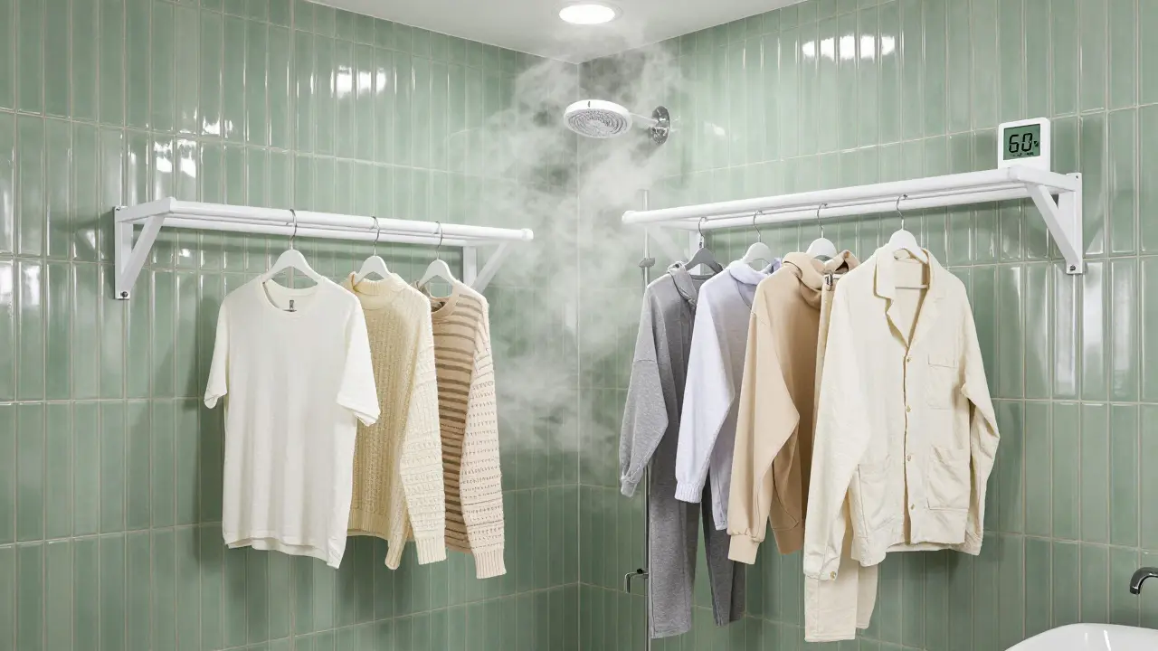 Badezimmer mit Wäscheständern und Wandventilator zur Feuchtigkeitkontrolle