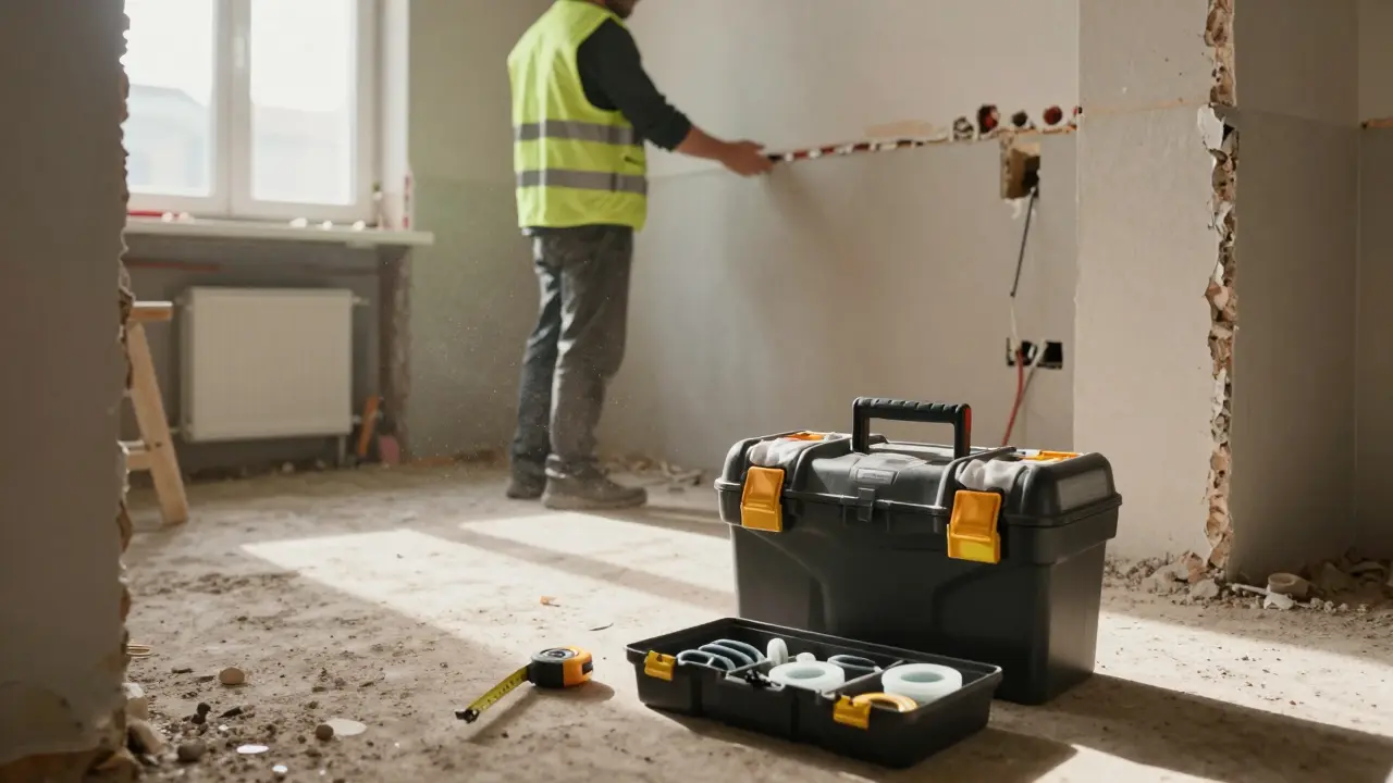 Baustelle im Baderaum mit Werkzeug und Facharbeit zur Sicherheit.