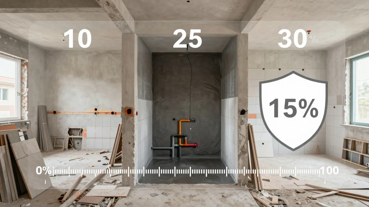 Bauwerkstadium einer Renovierung mit sichtbaren Meilensteinen und Prozentangaben für Zahlungsschritte.
