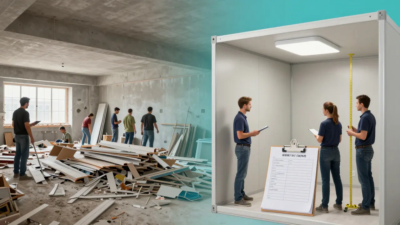 Contrasting scenes: chaotic construction site versus a calm, tested renovation module with workers observing results.