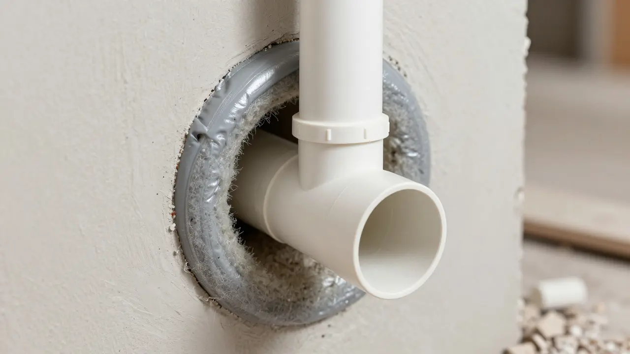 Detailaufnahme von feuerfester Dämmung um ein Rohr in der Wand.