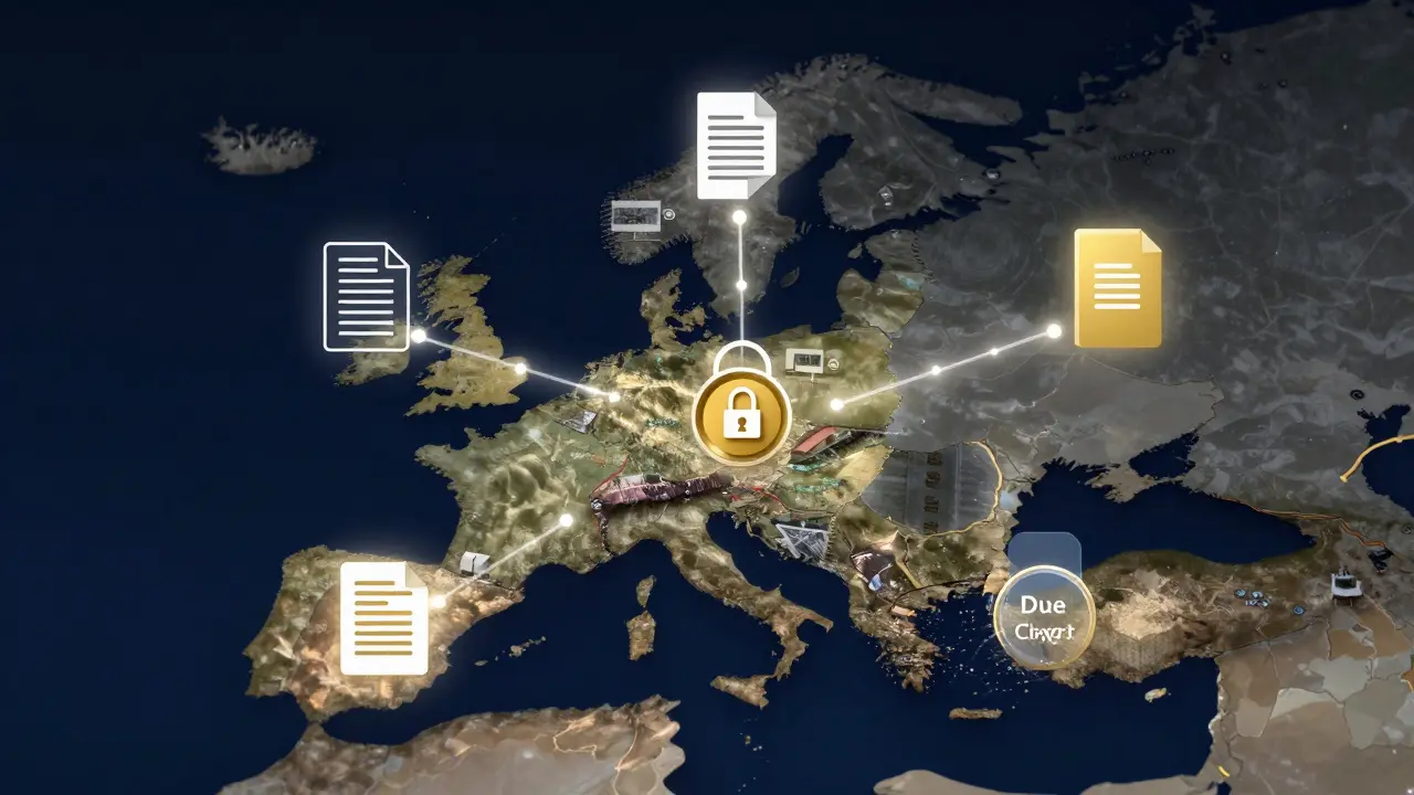 Digitales Datenraum-Konzept mit Satellitenbildern, Blockchain und Checkliste für Immobilienkauf