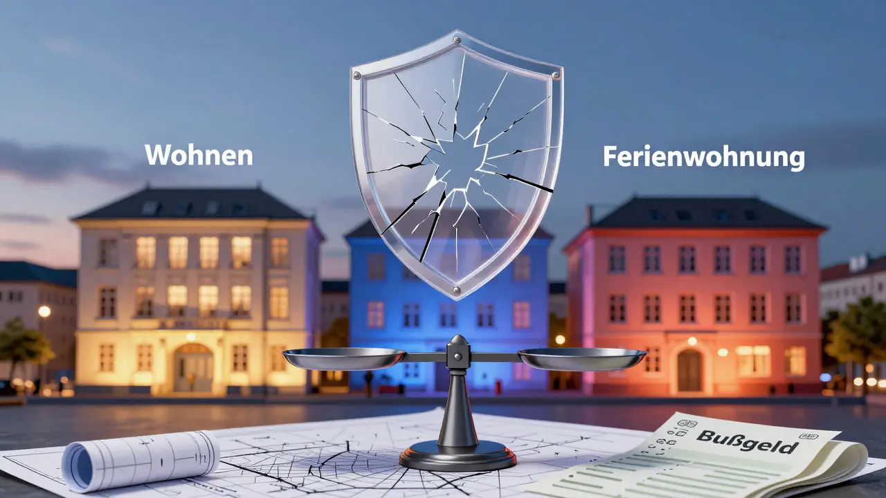 Drei Gebäude mit unterschiedlichen Nutzungen, überlagert von einem zerbrochenen rechtlichen Schild.