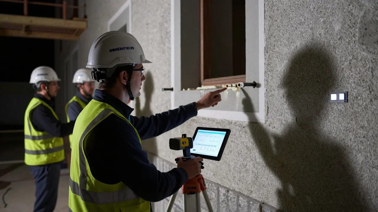 Ein Bau-Sachverständiger analysiert mit Laser-Scanner und IoT-Sensoren die Setzung eines Hauses, während Techniker Harz in das Fundament injizieren.