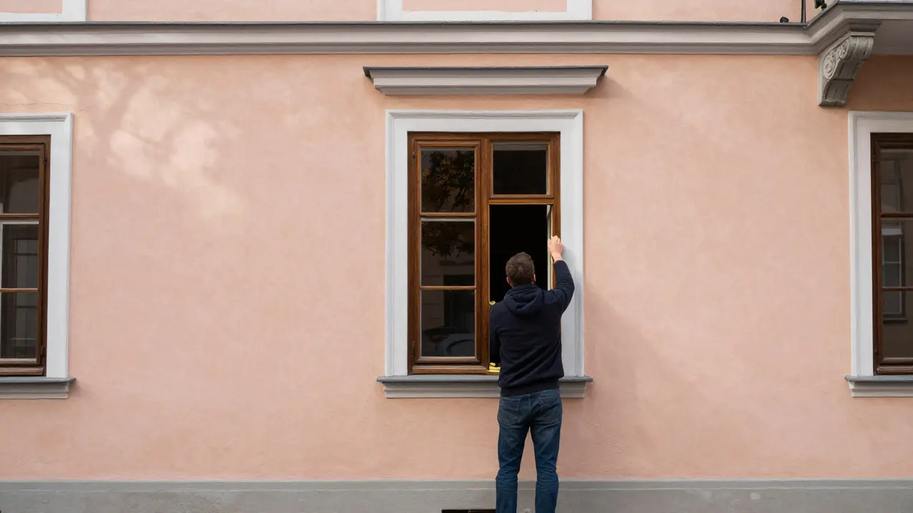 Eine alte Holzfensterbank wird durch ein identisches Nachfolgemodell ersetzt, ohne Fassadenveränderung.