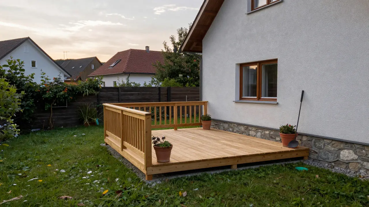 Eine kleine hölzerne Terrasse unter 20 Quadratmetern steht neben einem Haus, ohne Fundament oder Überdachung.