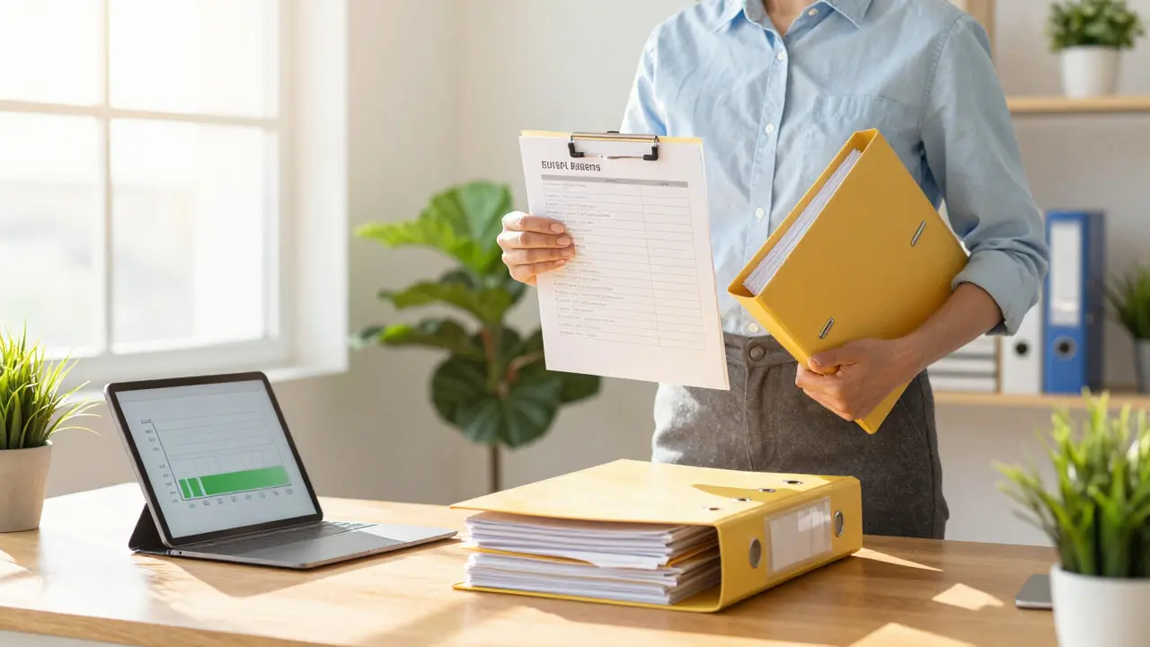 Fachkraft mit geordneten Ordnern und Checkliste am sonnigen Arbeitsplatz.