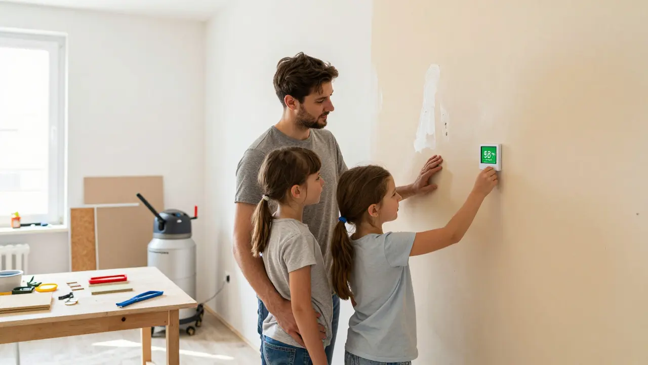 Familie in Graz vor einer trockenen, schimmelfreien gedämmten Wand mit Smart-Thermostat.