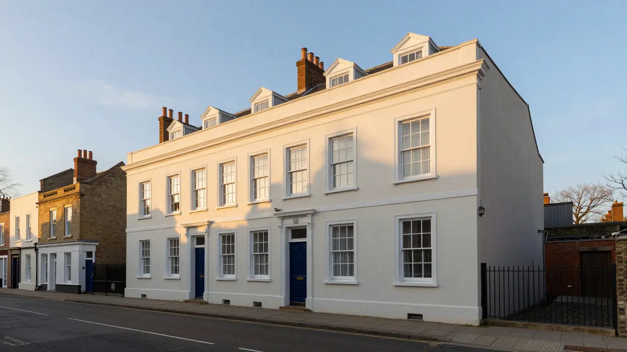 Fertig renoviertes denkmalgeschütztes Haus bei Sonnenuntergang.