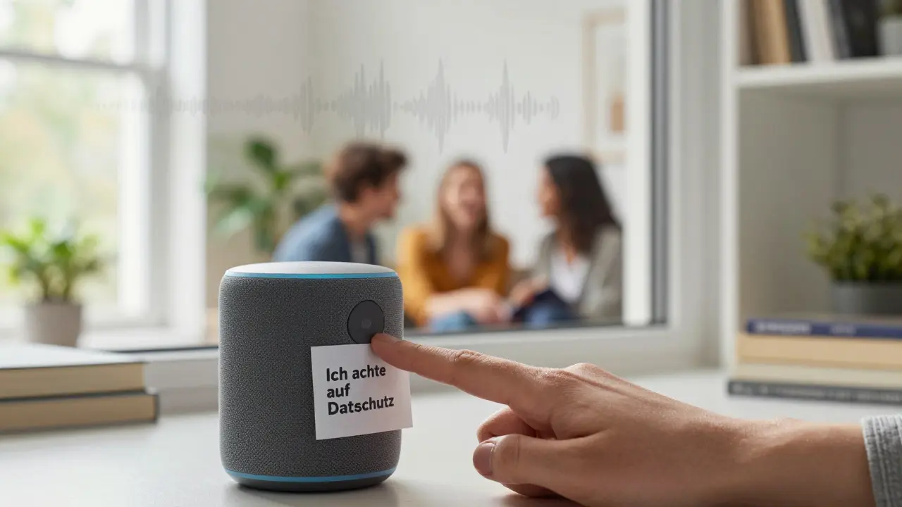 Hand drückt die Mute-Taste eines Smart-Lautsprechers, während Nachbarn im Hintergrund sprechen.