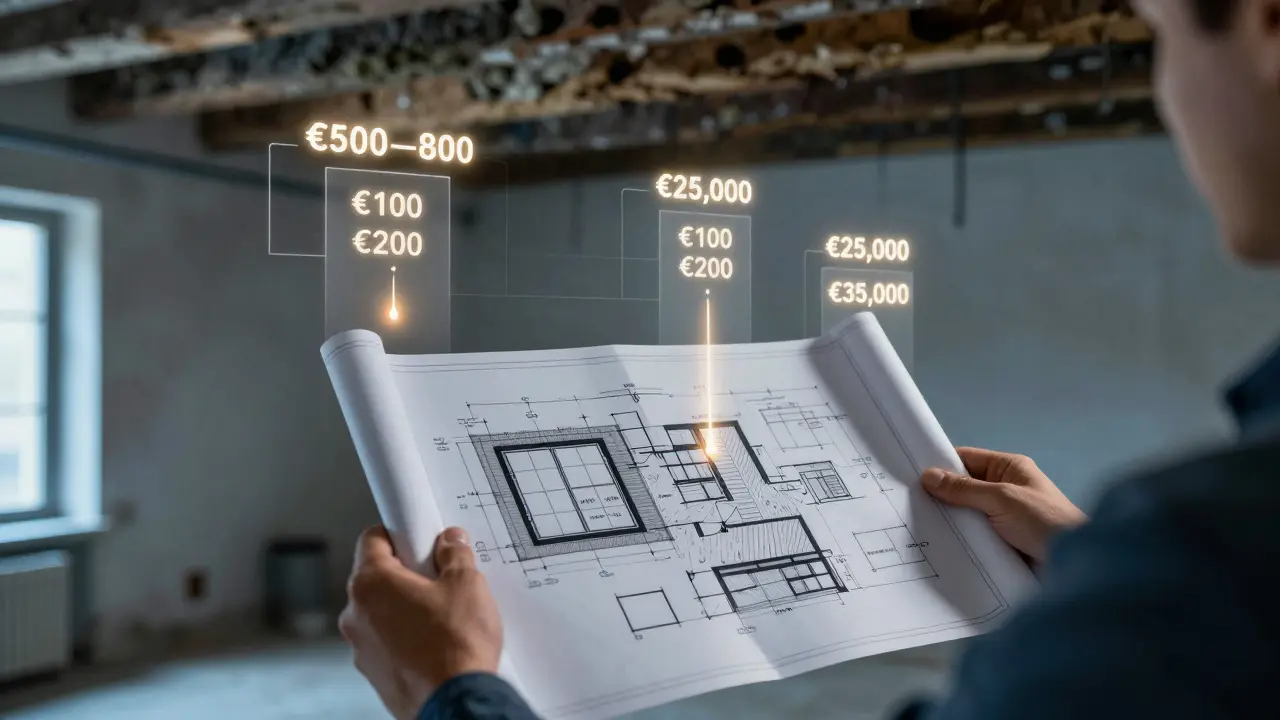 Hausbesitzer hält eine Kostenübersicht für eine Altbau-Sanierung, mit sichtbaren Preisen für Fenster, Dämmung und Heizung.