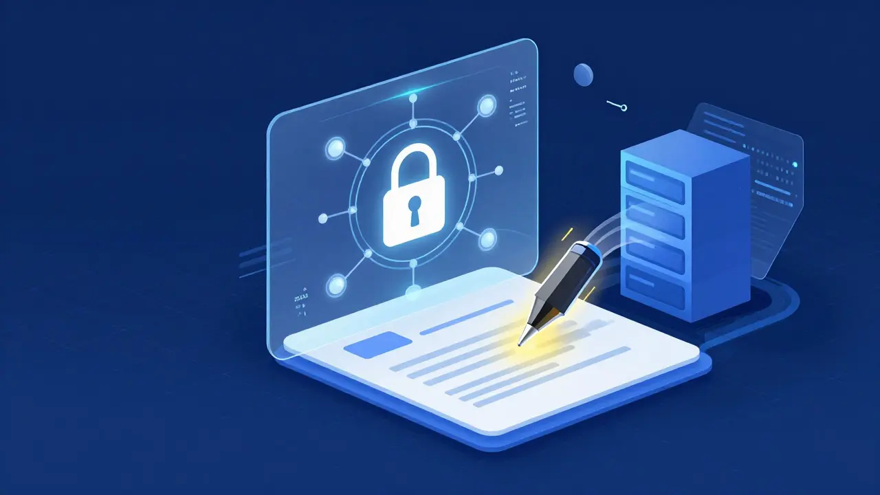 Holografische Oberfläche mit Sicherheitsschloss und digitaler Signatur für Anträge.