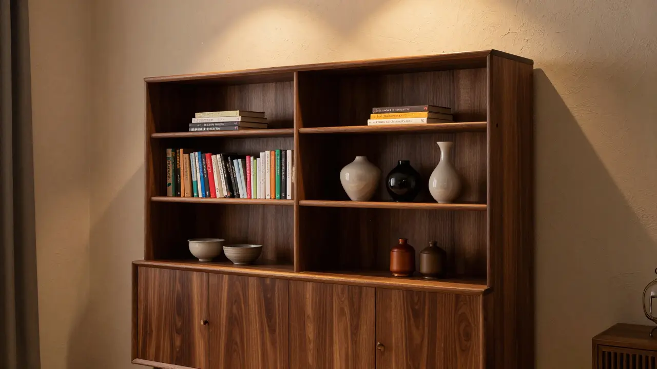 Hölzernes Sideboard mit Bücher und Dekoration im abendlichen Licht.