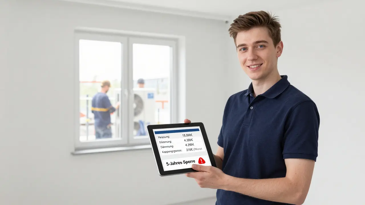 Immobilienmanagerin prüft digitale Checkliste für energetische Sanierung mit Warnhinweis zur 5-Jahres-Sperre.