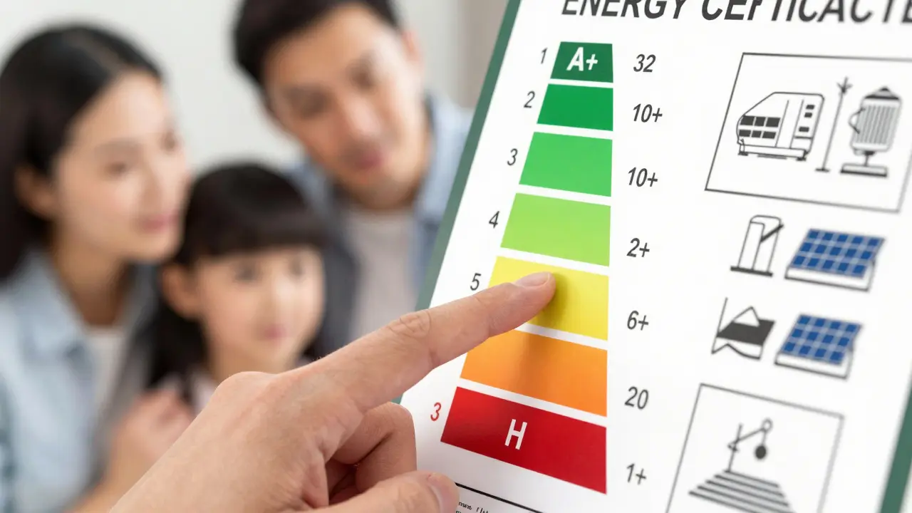 Nahaufnahme eines Energieausweises mit farblicher Effizienzskala von Grün bis Rot und Symbolen für Heizung und Solaranlage.