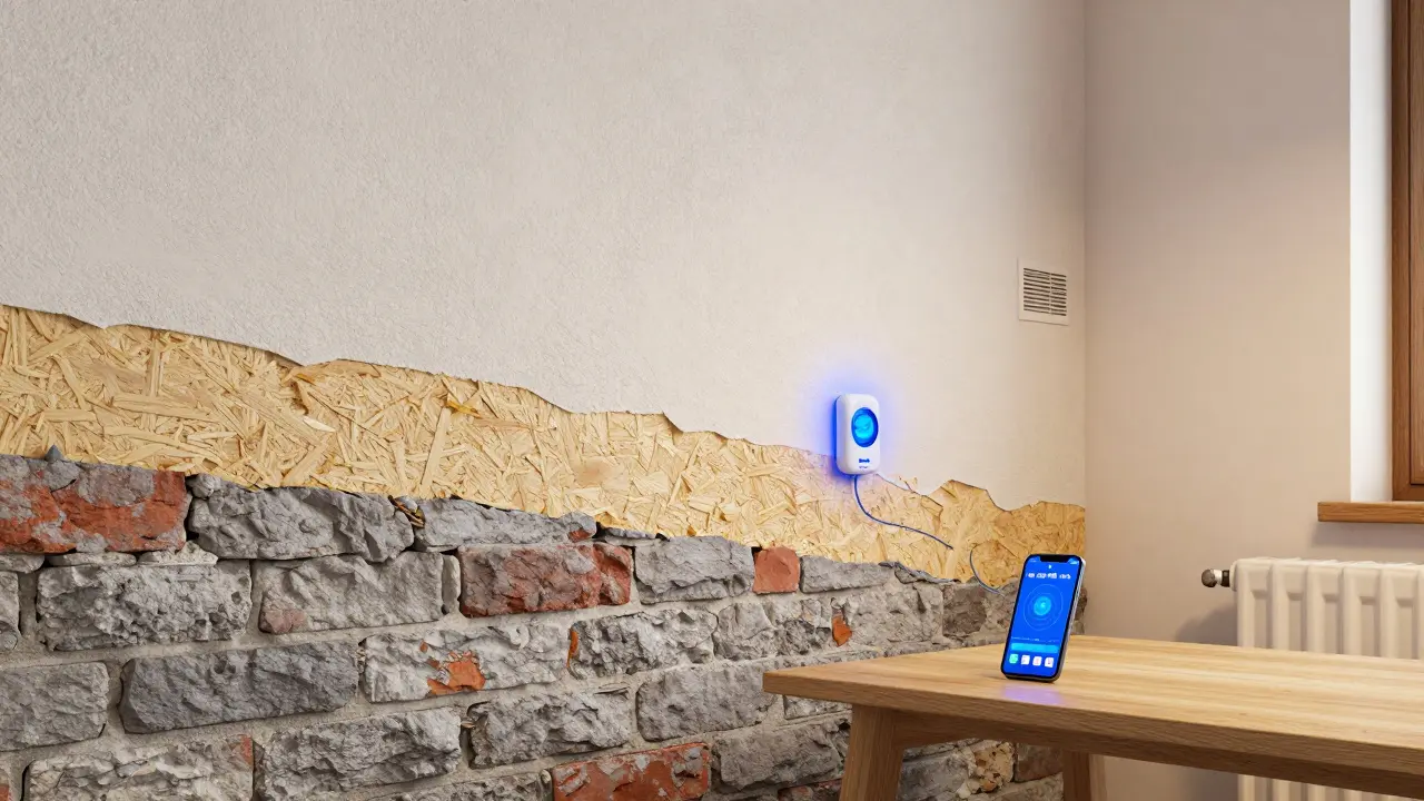 Querschnitt einer diffusionsoffenen Innenwanddämmung mit Feuchtigkeitssensor und modernem Putz.