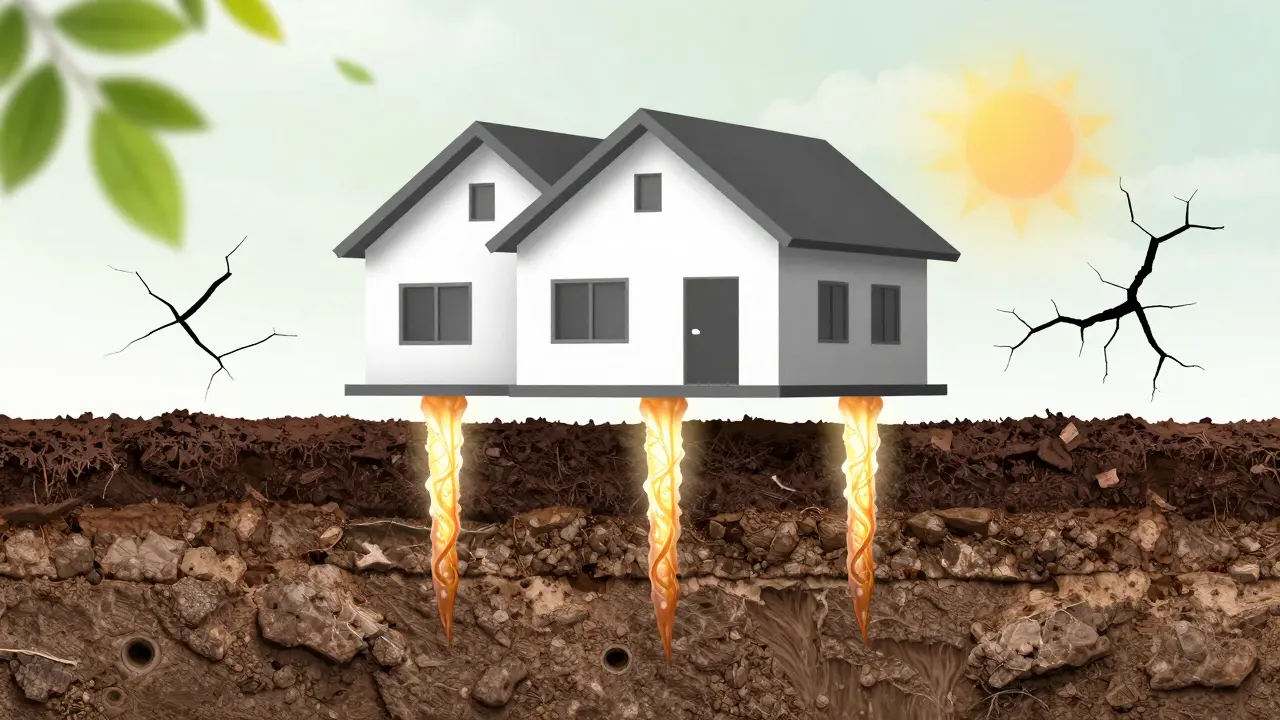 Querschnitt eines Hauses, dessen Fundament durch polymerisierte Stützen auf festerer Bodenschicht stabilisiert wird, während alte Risse verschwinden.