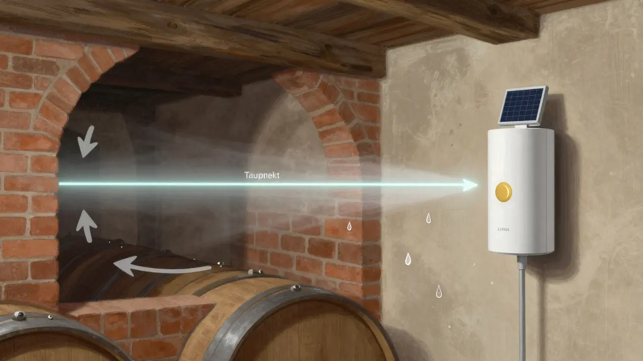 Querschnitt eines österreichischen Kellers mit Luftaustausch, Taupunkt-Linie und solarbetriebenem Lüftungsgerät.