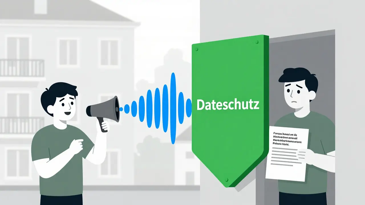 Schallwelle wird durch einen Datenschutz-Schild gestoppt, bevor sie in die Nachbarwohnung gelangt.