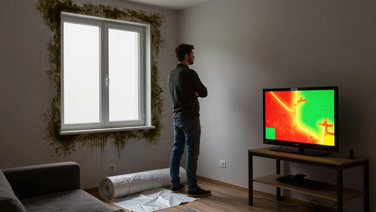 Schimmel an Fensterrahmen einer Wohnung, während eine Wärmebildkamera kalte Brücken zeigt.