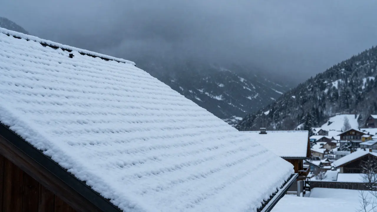 Schneelast auf einem geneigten Dach unter stürmischen Wetterbedingungen und Wolken.