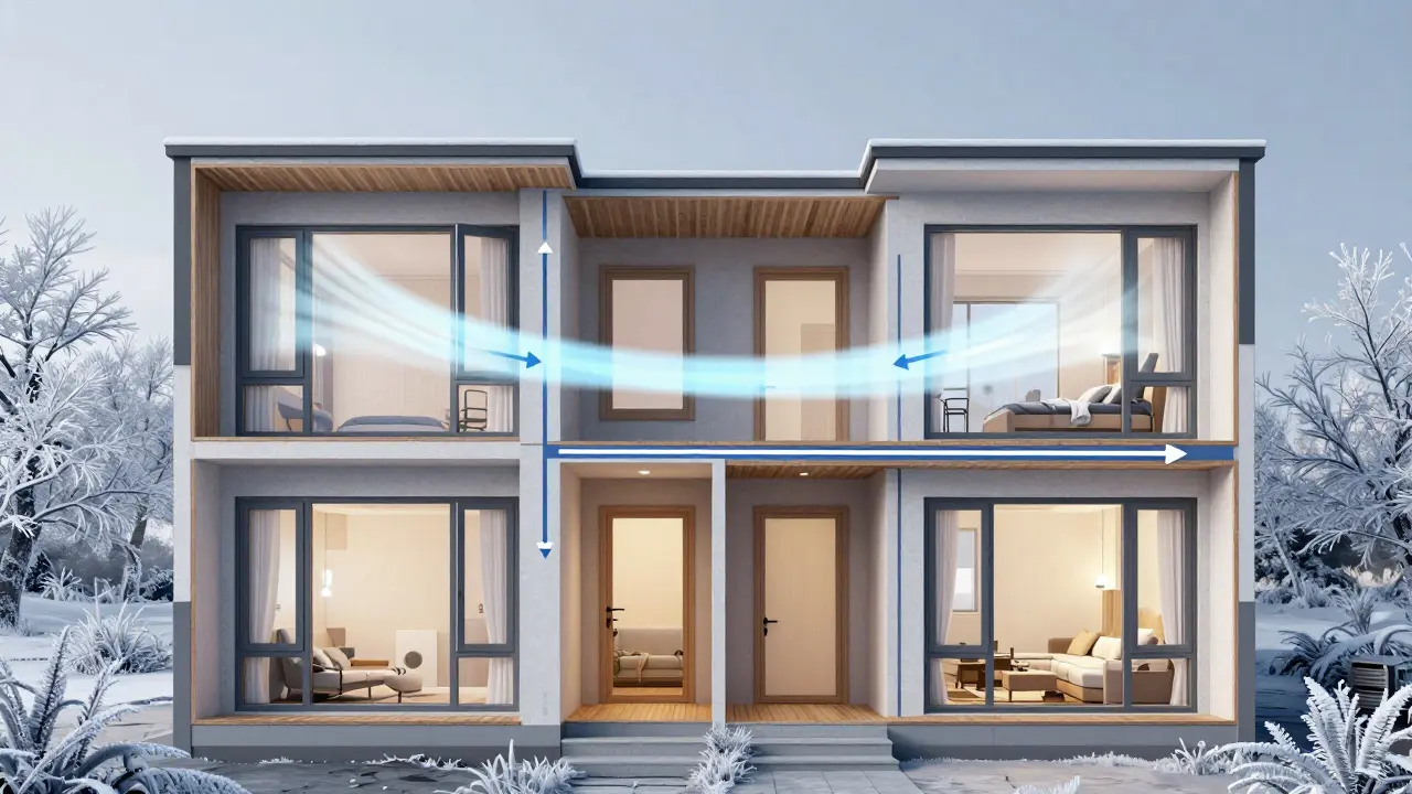 Schnittansicht der Wohnungslüftung mit offenen Fenstern und Luftstrom-Pfeilen