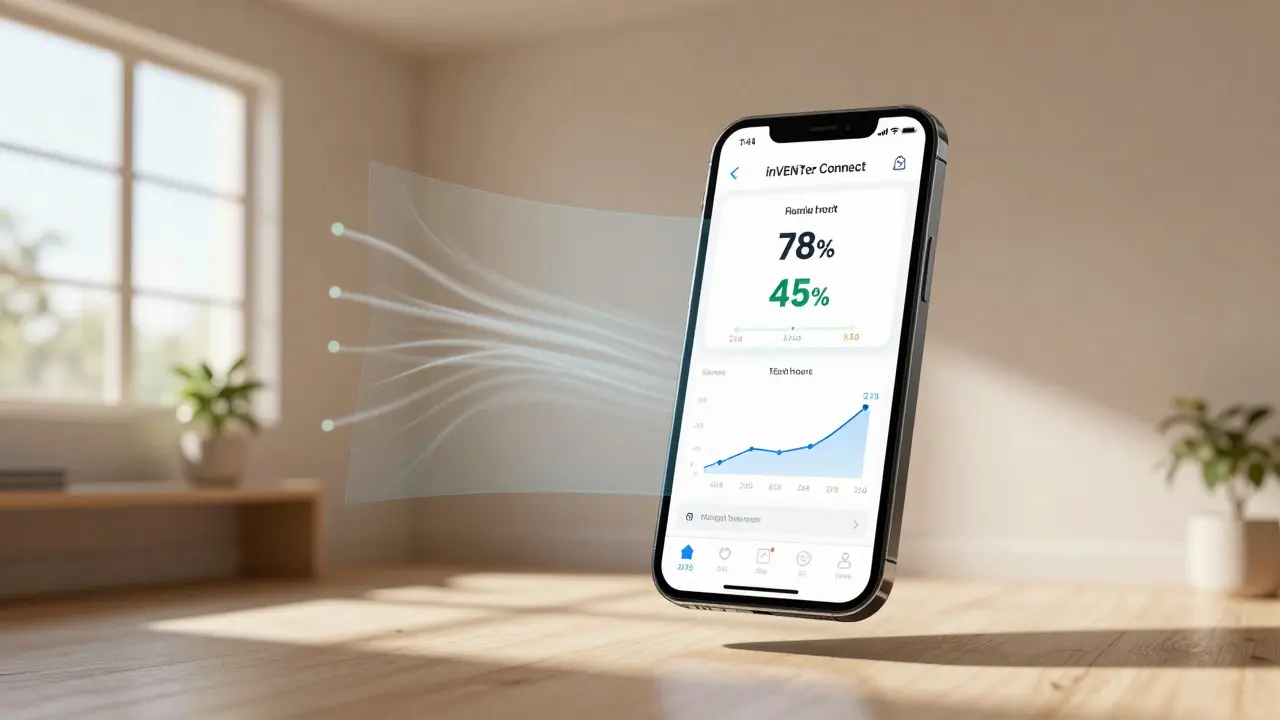 Smartphone zeigt Feuchtigkeitsdaten eines Kellers, Luftströme als Hologramm, Raum wirkt trocken und gesund.