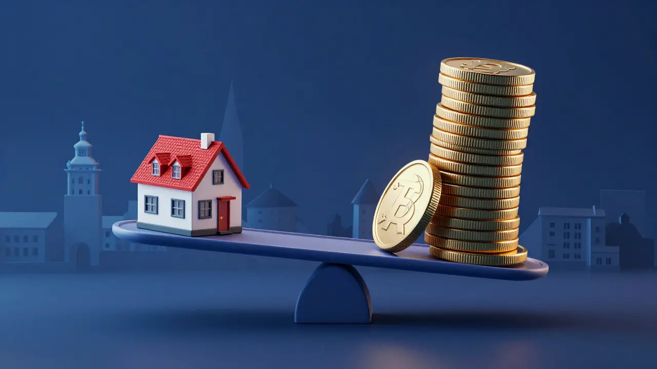 Symbolische Waage mit Haus und Geldstapel im Himmel.