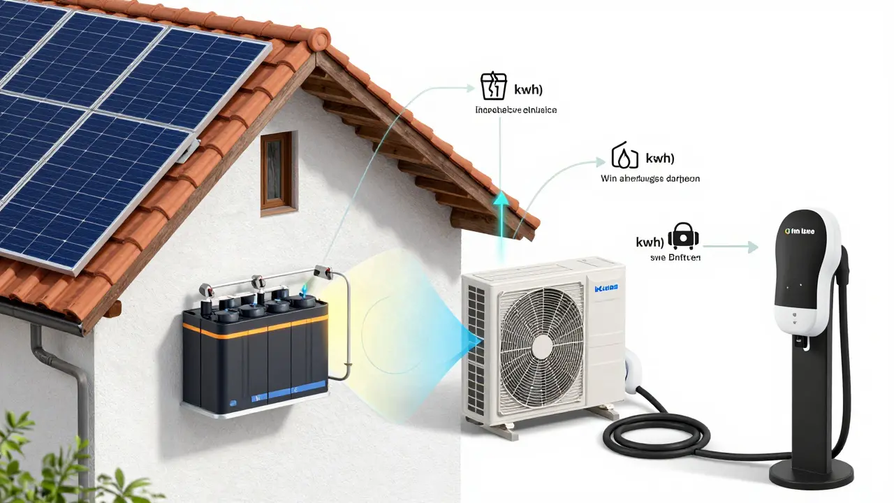Technische Darstellung des Energieflusses zwischen Photovoltaik, Batteriespeicher, Wärmepumpe und E-Auto-Ladestation in einem intelligenten Haussystem.