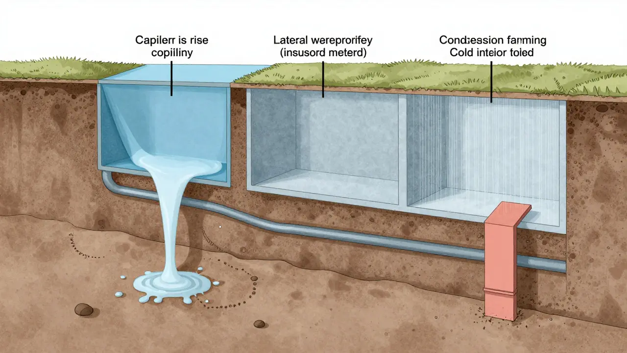 Technische Querschnittsdarstellung der drei Hauptursachen für Kellerfeuchtigkeit: aufsteigende Feuchtigkeit, seitlicher Wasserdruck und Kondenswasser.