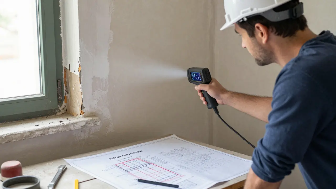 Technischer Gutachter untersucht versteckte Feuchtigkeit in einer portugiesischen Villa mit Wärmebildkamera