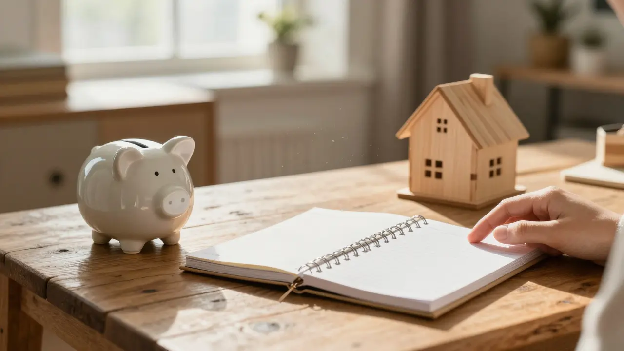 Tisch mit Sparschwein und Hausmodell in sonnigem Raum.