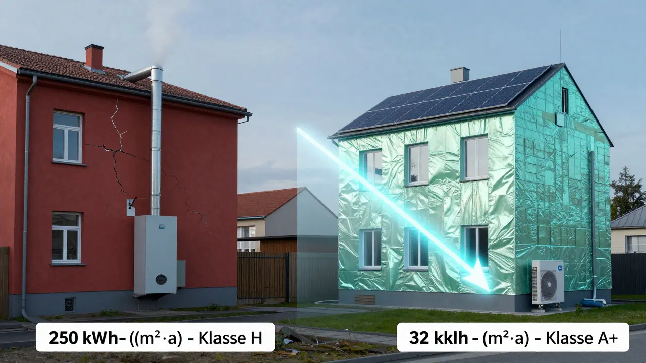 Vergleich eines alten energieintensiven Hauses (Klasse H) mit einem modernen, solarbetriebenen Gebäude (Klasse A+).